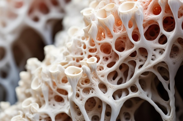 3D 프린팅 된 산호 구조의 클로즈업으로 자연 산호 형성의 정확한 모방을 보여줍니다.