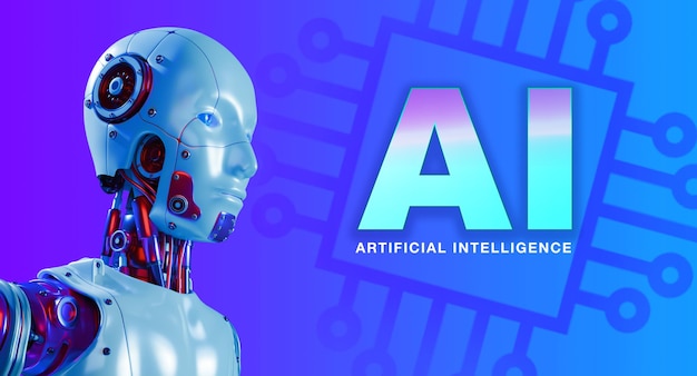 Closeup 3D-rendering humanoïde robot portretten vooruit kijken en AI computerchip icoon en kunstmatige intelligentie tekst op blauwe achtergrond Informatie automatisering dienst slimme technologie concept