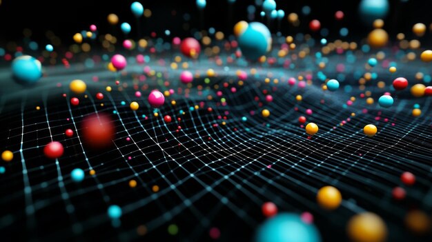a closeup of a 3d scatter plot with data points floating above a grid using various colors and sizes to represent different financial data sets and trends