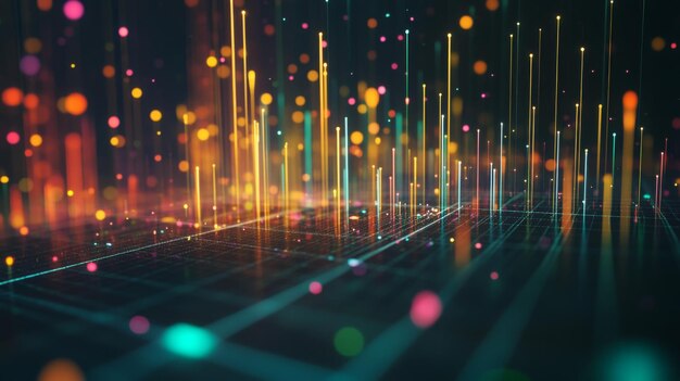 a closeup of a 3d scatter plot with data points floating above a grid using various colors and sizes to represent different financial data sets and trends