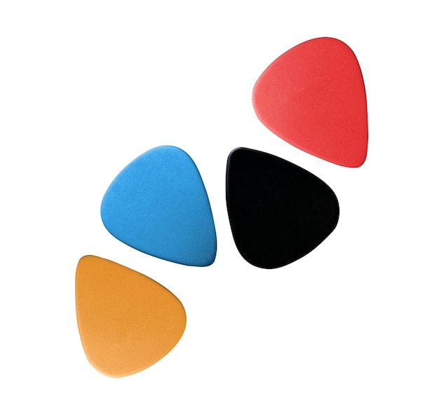 Photo closeup of 4 colourful plectrums