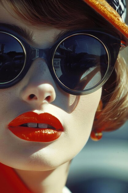 Closeup of a 60s fashionista evoking French nostalgia