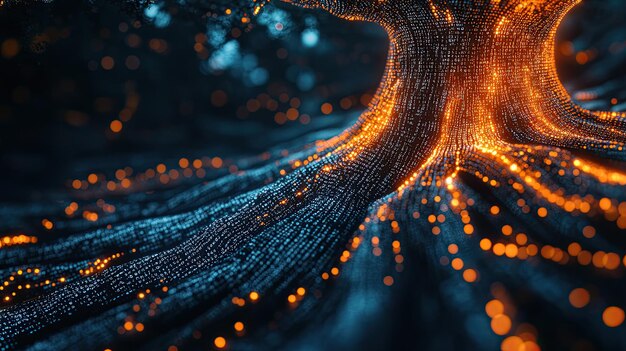a closeup of an abstract data tree showcasing the intricate patterns and textures of the data streams and binary code that form its structure