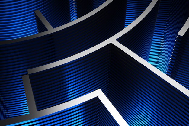Photo closeup of an abstract neon maze on a blue background 3d rendering illustration
