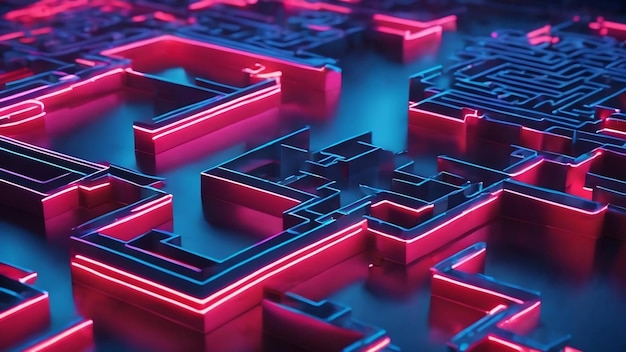 Closeup of an abstract neon maze on a blue background 3d rendering illustration