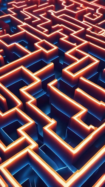 Closeup of an abstract neon maze on a blue background 3d rendering illustration