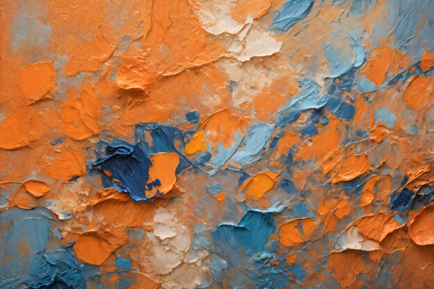 油絵のブラッシュストロークで抽象的な粗いカラフルなオレンジ色の青いアート絵画の質感のクローズアップ