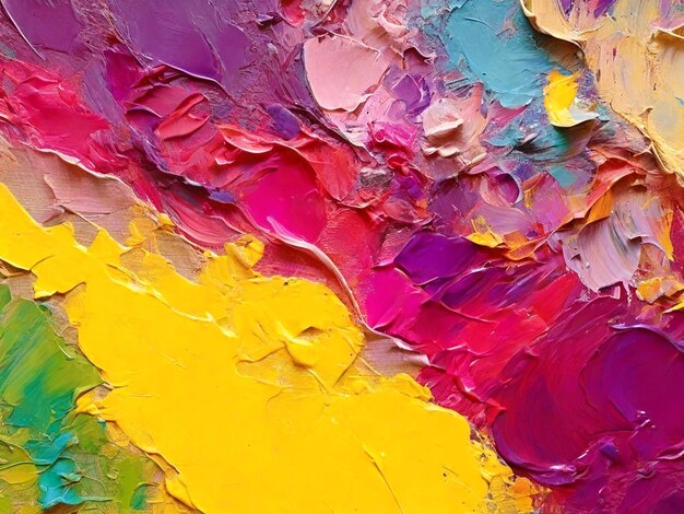 Photo closeup of abstract rough yellow pink purple red green violent art painting texture aigenerated