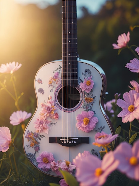 Closeup for an acoustic bohemian guitar with flowers ai generative