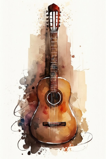 Closeup of an acoustic guitar Watercolor Created with generative AI technology