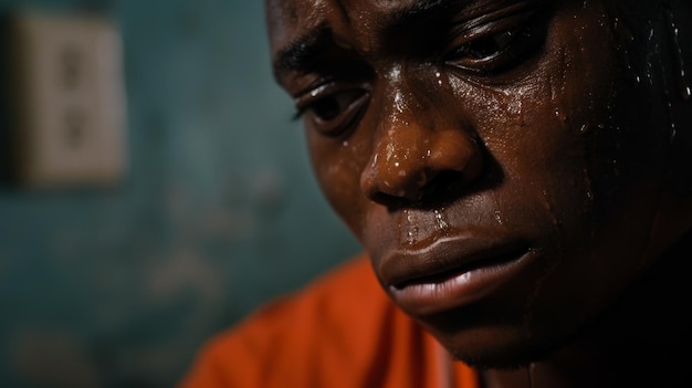A closeup of an actor in the midst of an emotional scene tears streaming down their face as they