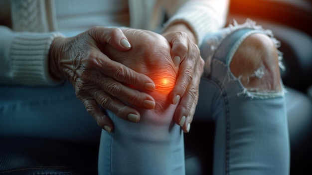 Photo closeup of acute pain in a knee joint color illustration isolated on a pastel background pain area in red elderly woman holding knee in pain