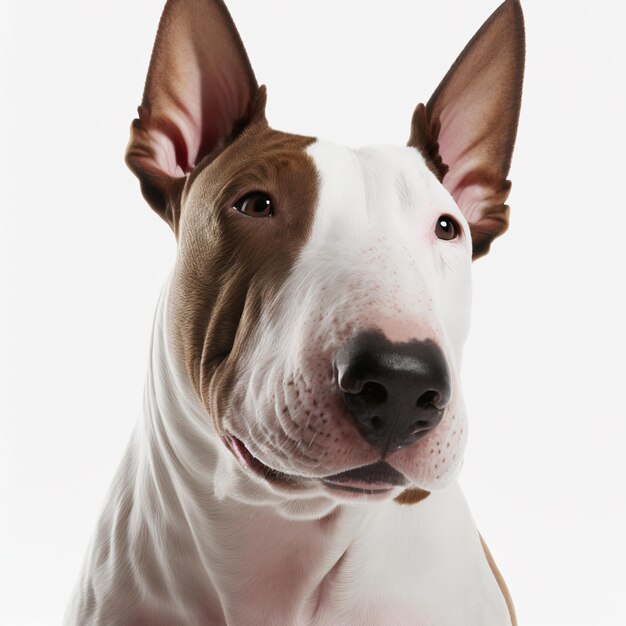 Closeup adorable bull terrier with ravishing detail on isolated background