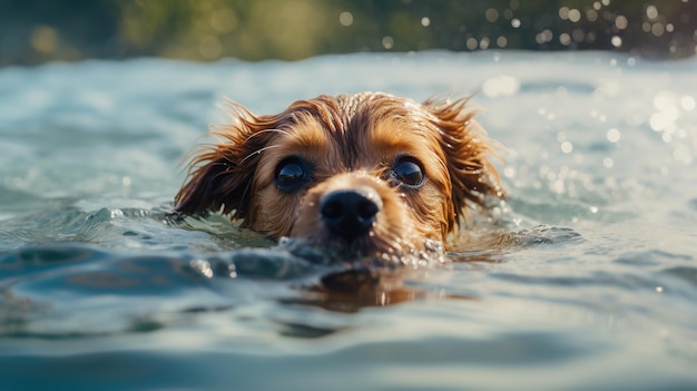 Foto un primo piano di un adorabile cane che nuota in acqua con la sua pelliccia bagnata e gli occhi seri che trasmettono un