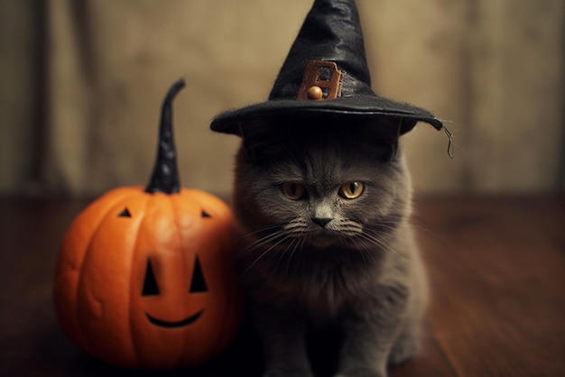 Closeup adorable small british kitty wearing a witch hat for Halloween sitting near pumpkin Generative AI content