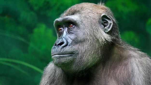 Взрослая горилла смотрит вокруг на фоне искусственной джунглей, защищающей животных