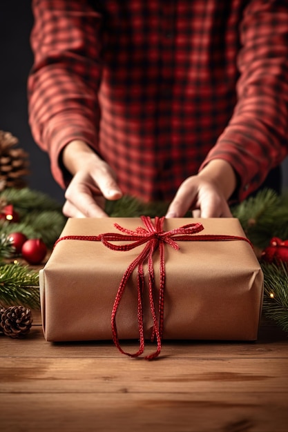 Closeup of adult person hands wrapping a Christmas gift