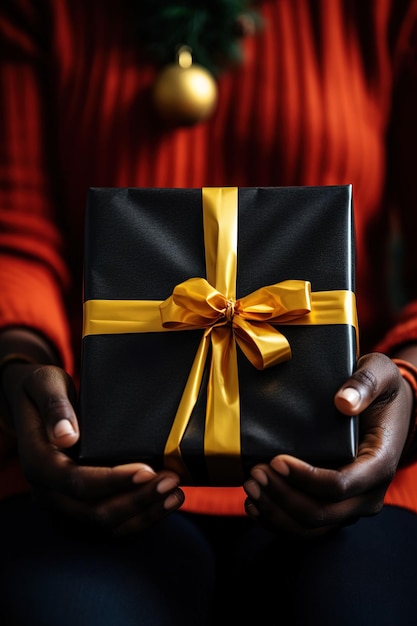 Closeup of adult person hands wrapping a Christmas gift