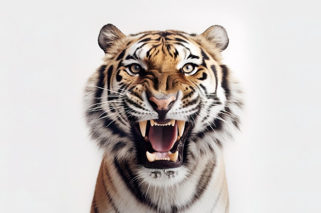 Closeup of an adult tiger growling with its mouth open and showing its teeth in anger on a white background Studio photograph Horizontal image