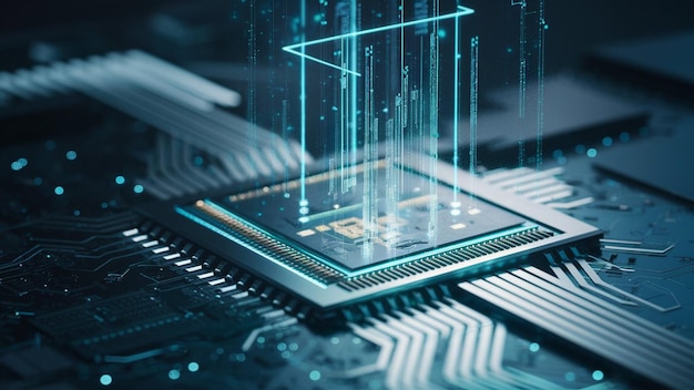 Близкий взгляд на продвинутый микрочип GPU RAM или процессор мощного компьютера