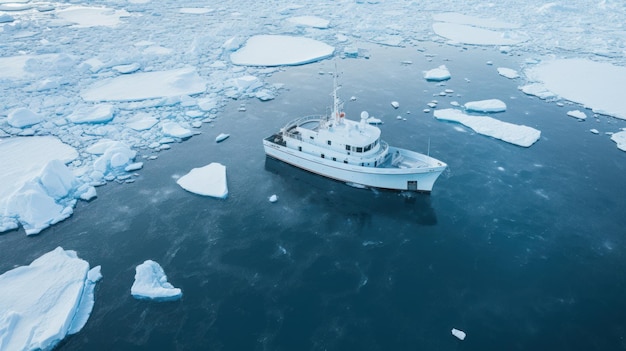 ノルウェーの氷の海で冬のボートのクローズ アップ空撮