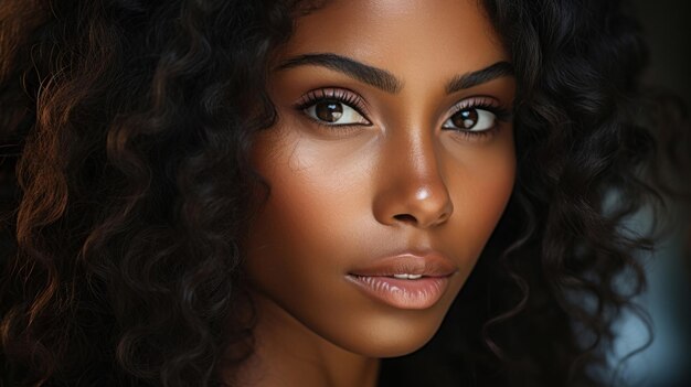 Photo closeup of african model makeup smooth skin curly hair fashion editorial concept