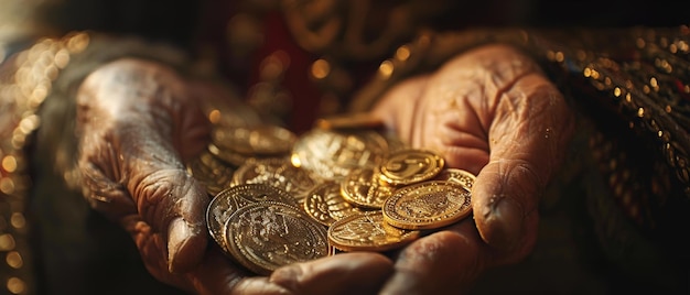 Photo closeup of aged hands holding antique gold coins symbolizing wealth treasure and historical