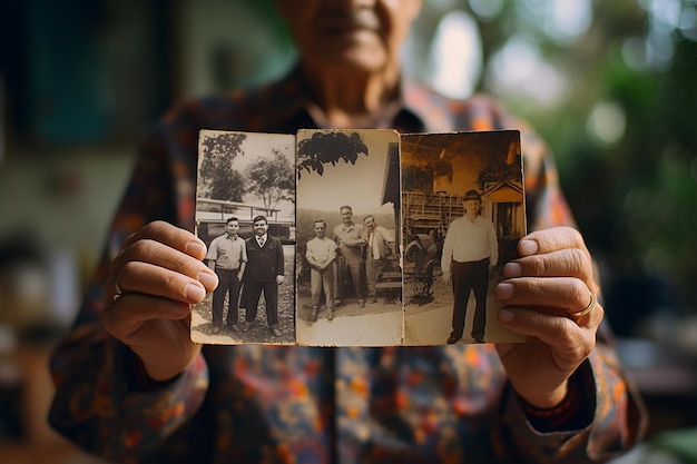 Близкий план пожилых рук, держащих семейную фотографию, представляющую всю жизнь воспоминаний и опыта