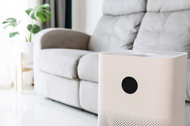 Closeup of air purifier in living room at home for wellbeing breathing fresh air