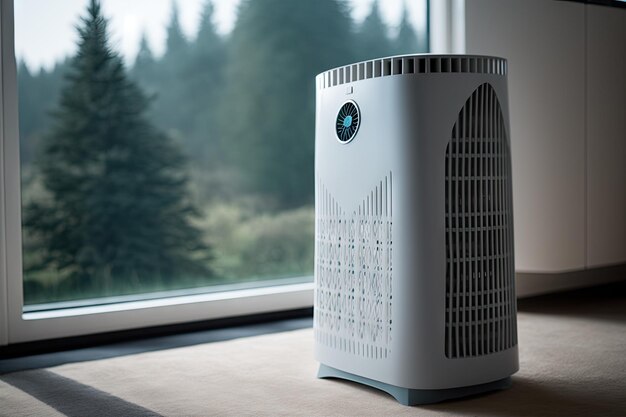 Closeup of air purifier with view of the room visible in the background