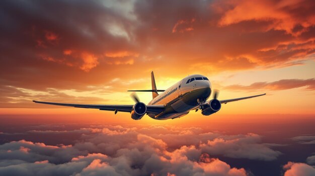 Closeup airplane flying on the sky cloudy during sunrise