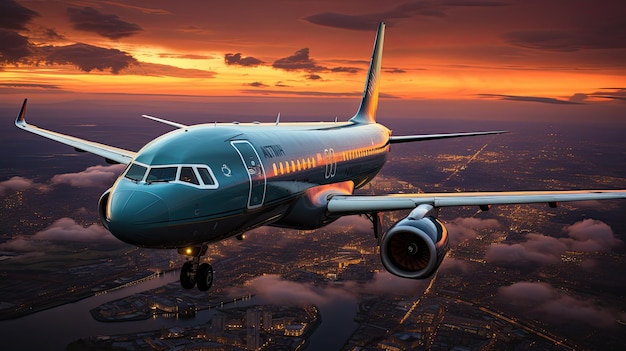 Closeup of an airplane taking off from the airport against the background of the city Against the background of a night view of buildings concept of holidays and vacation trips Generate Ai