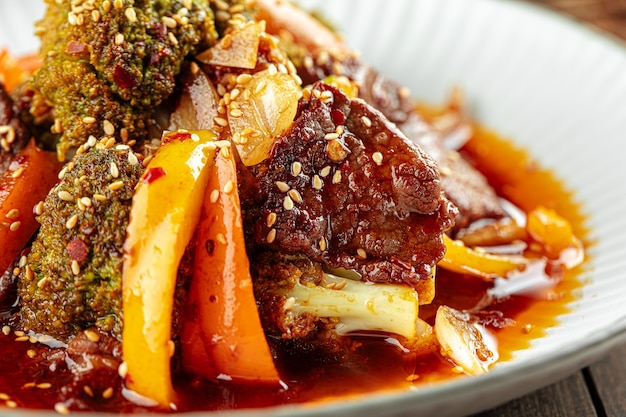 Closeup on aisan stewed beef with vegetables