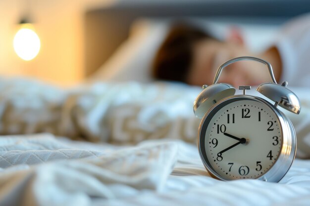 Closeup on alarm clock next to a bed blurred in the background a man sleeping