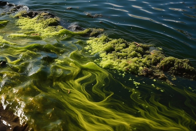 Foto primo piano della fioritura delle alghe causata dall'eccesso di nutrienti nell'acqua creata con l'ia generativa