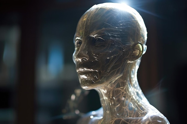 Closeup of alien student with light shining through its translucent skin created with generative ai