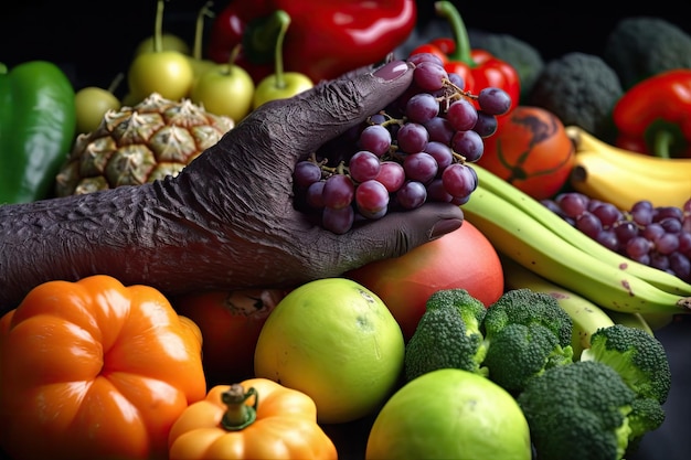 生成 AI で作成された新鮮に購入した果物や野菜を持つエイリアンの手のクローズ アップ