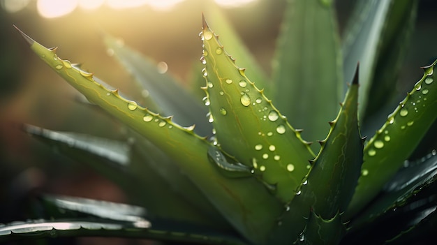 Closeup of aloe tropical plant leaves with rain drops Green natural backdrop Generative AI