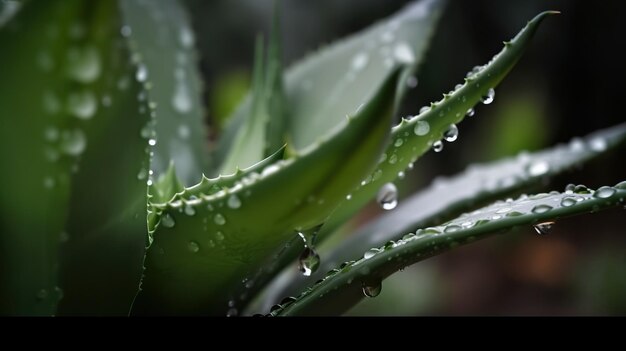 Closeup of aloe tropical plant leaves with rain drops Green natural backdrop Generative AI