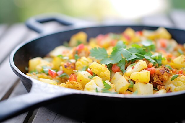 Closeup of aloo gobi in a cast iron skillet