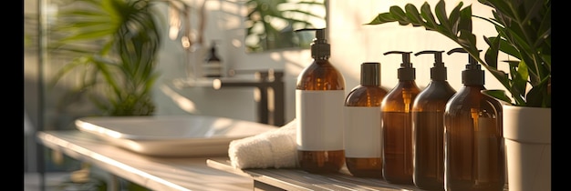 closeup of amber bottles of shampoo and conditioner on a bathroom counter showcasing a luxurious and clean aesthetic generative ai