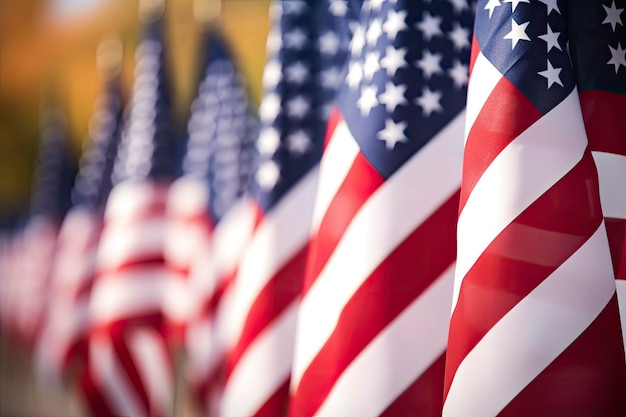 Closeup of an American flag in a row