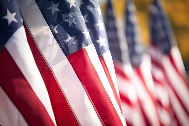 Closeup of an American flag in a row