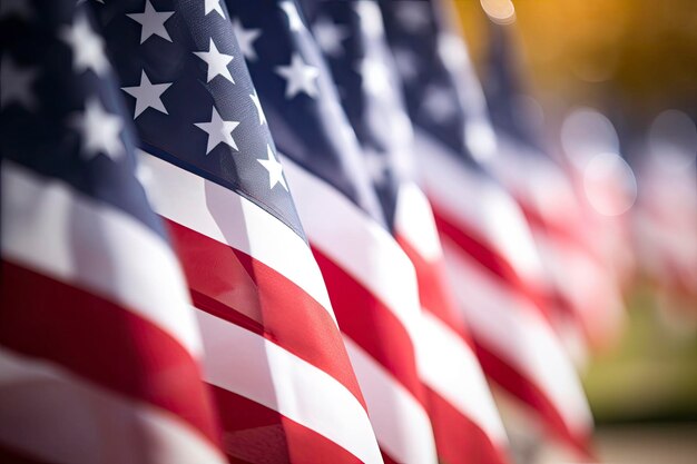 Closeup of an American flag in a row