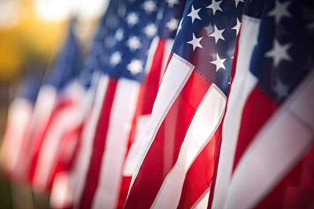 Closeup of an American flag in a row