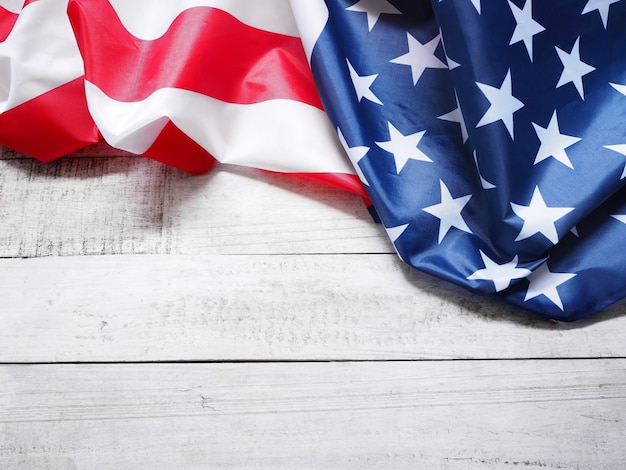 Closeup of American flag on vintage wood