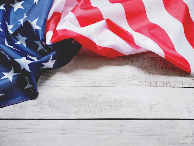 Closeup of American flag on vintage wood