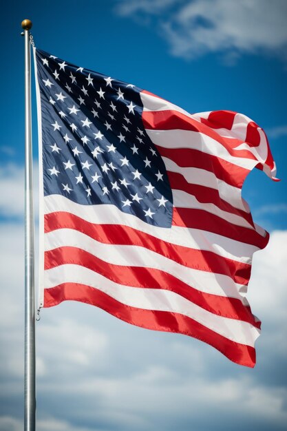 Closeup of American flag waving in the wind against a blue sky