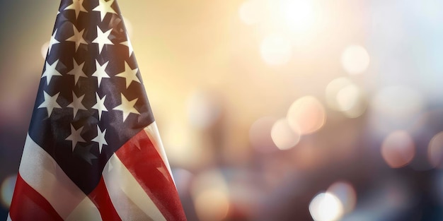 closeup of an American flag with copy space on a blurred bokeh background