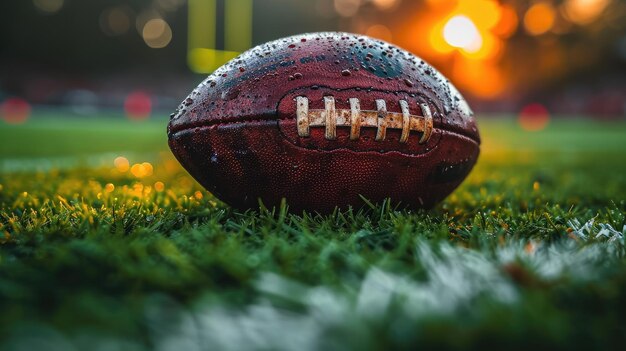 Photo closeup of american football on the field at night